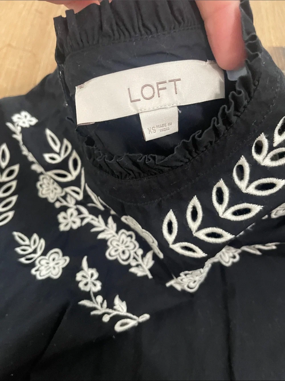 LOFT Black Blouse with White Floral Embroidery